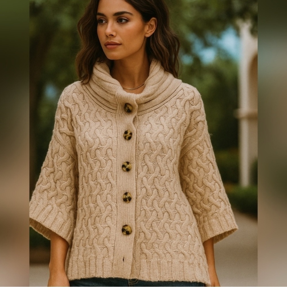 Free People Mae Cable Knit Cardigan Sweater - Tan Size M Boho Cozy Chic Neutral